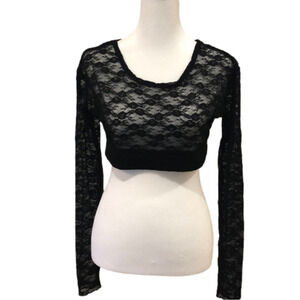 SHEER black lace cropped long sleeve top. Size M